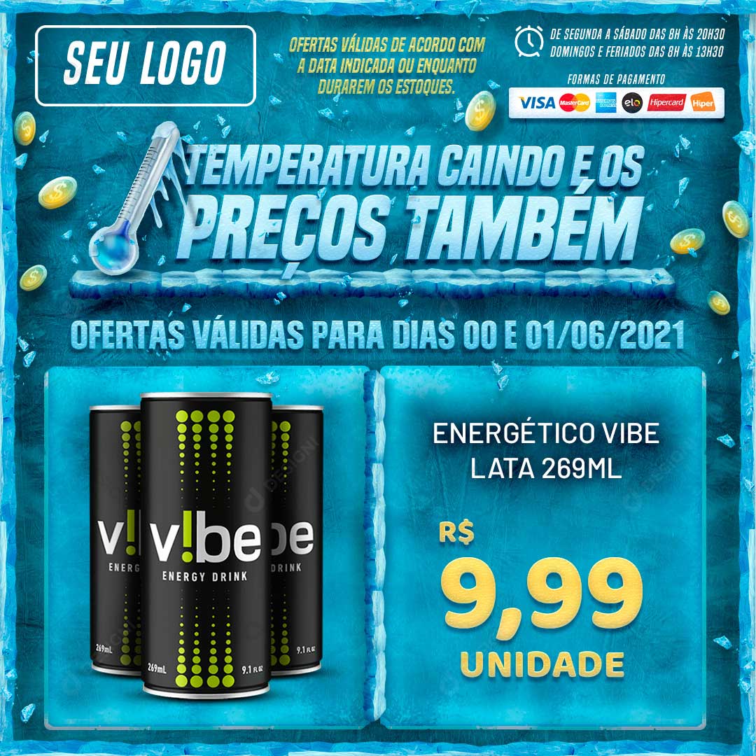 Encarte Supermercado Temperatura Caindo e os Preços Também Produto Social Media PSD Editável
