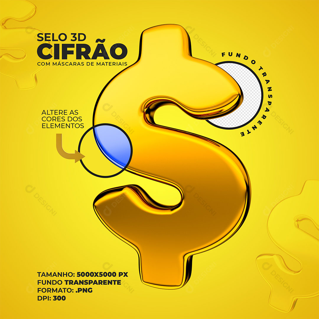 Cifrão 3D Elemento Para Composição PSD + PNG Transparente