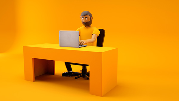 Boneco 3D Trabalhando Em Escritório Amarelo