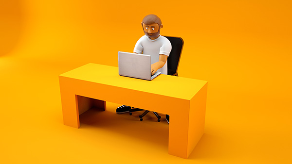 Boneco 3D Trabalhando Em Escritório Amarelo
