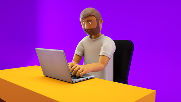 Boneco 3D Trabalhando Em Escritório Roxo