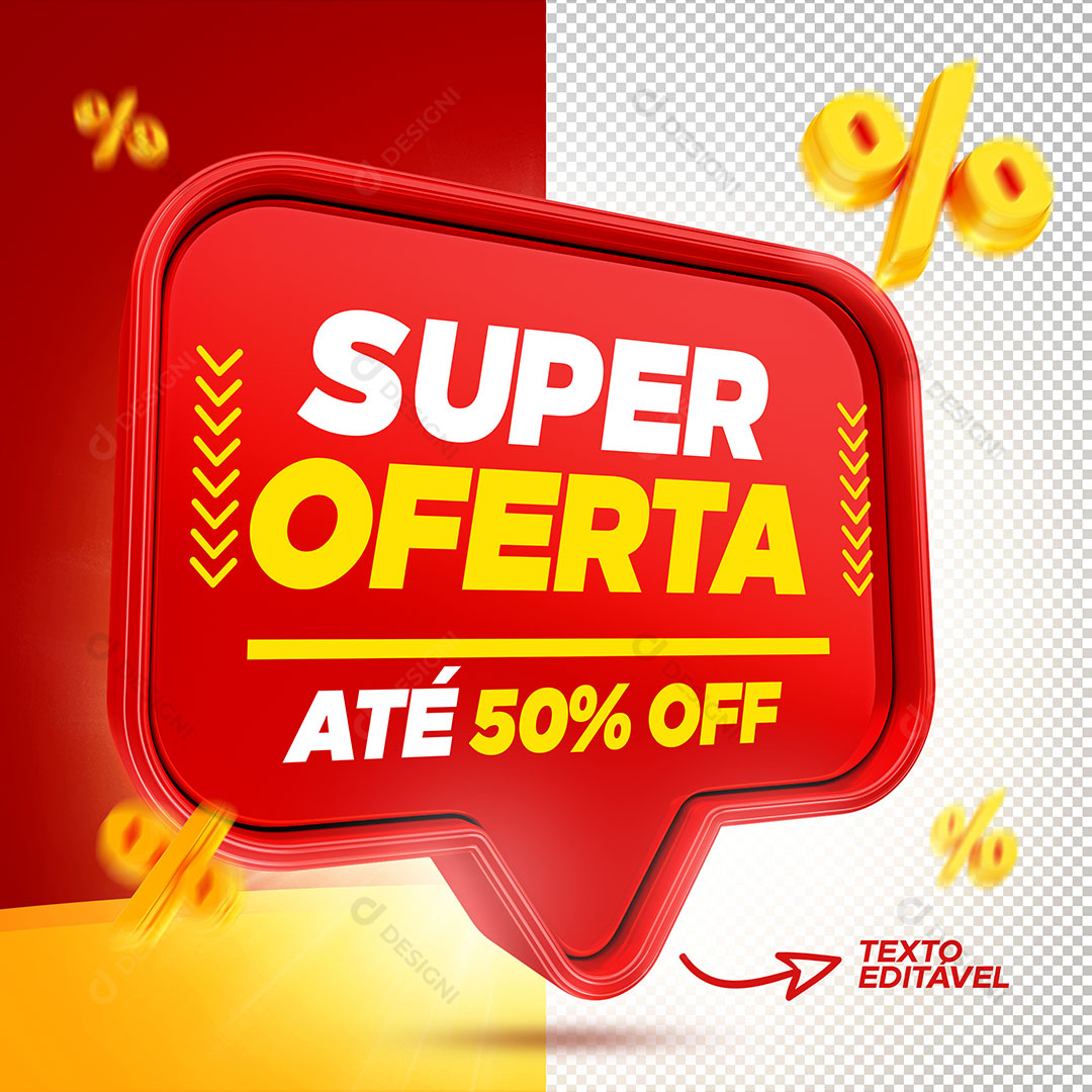 Super Ofertas Até 50% Off Selo 3D PSD Editável + PNG Transparente