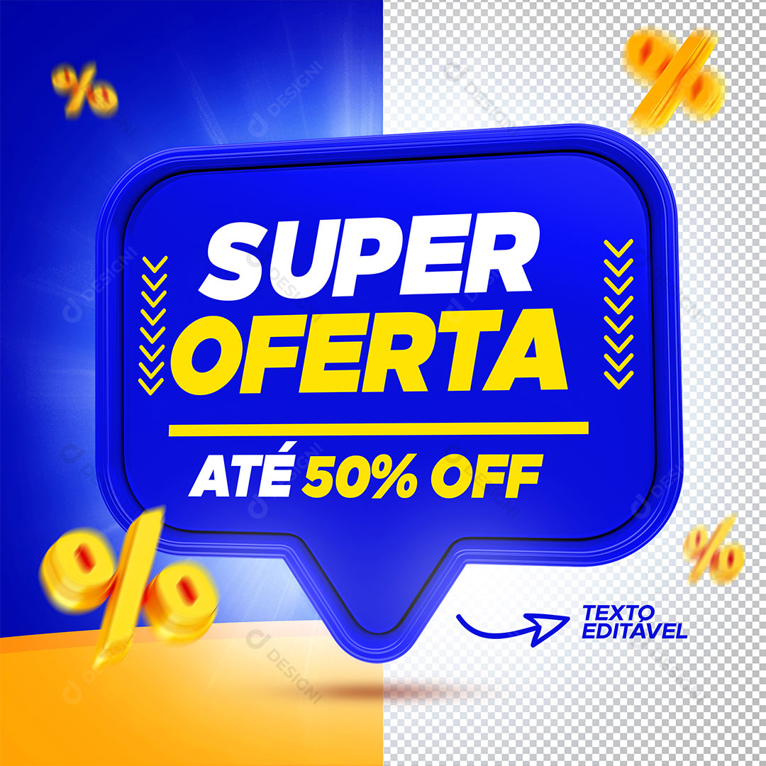 Super Ofertas Até 50% Off Selo 3D PSD Editável + PNG Transparente
