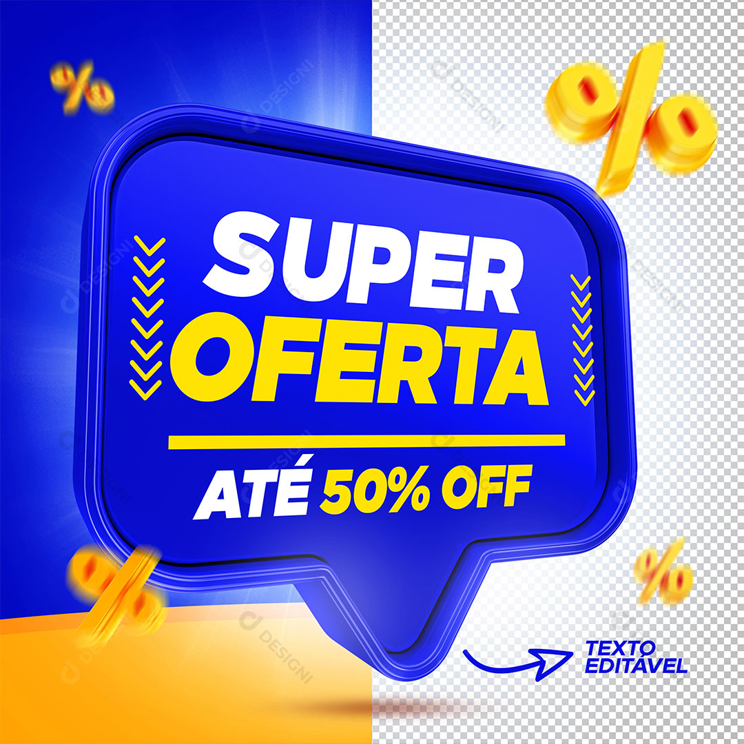 Super Ofertas Até 50% de Desconto Selo 3D PSD Editável + PNG Transparente