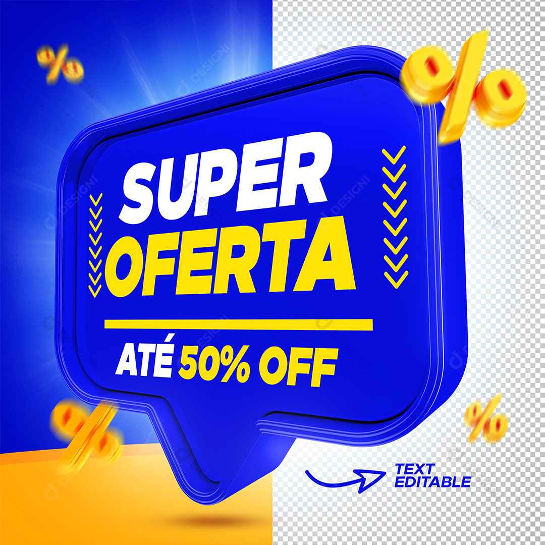 Super Ofertas Até 50% de Desconto Selo 3D PSD Editável + PNG Transparente