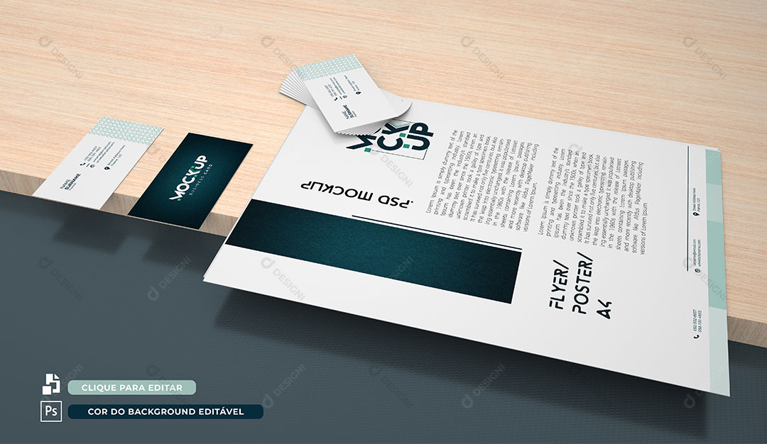Mockup 3D Papelaria A4 e Cartao de Visitas Mesa PSD Editável