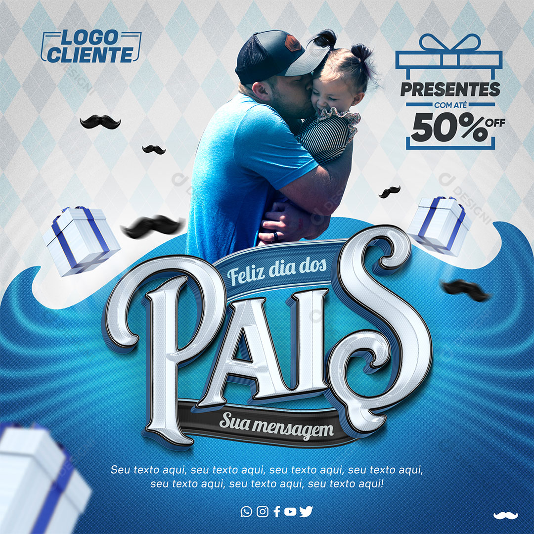 Feliz Dia dos Pais com Presente com até 50% OFF Social Media PSD Editável