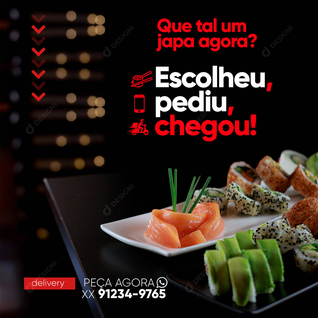 Post Delivery Sushi Escolheu Pediu Chegou Social Media PSD Editável
