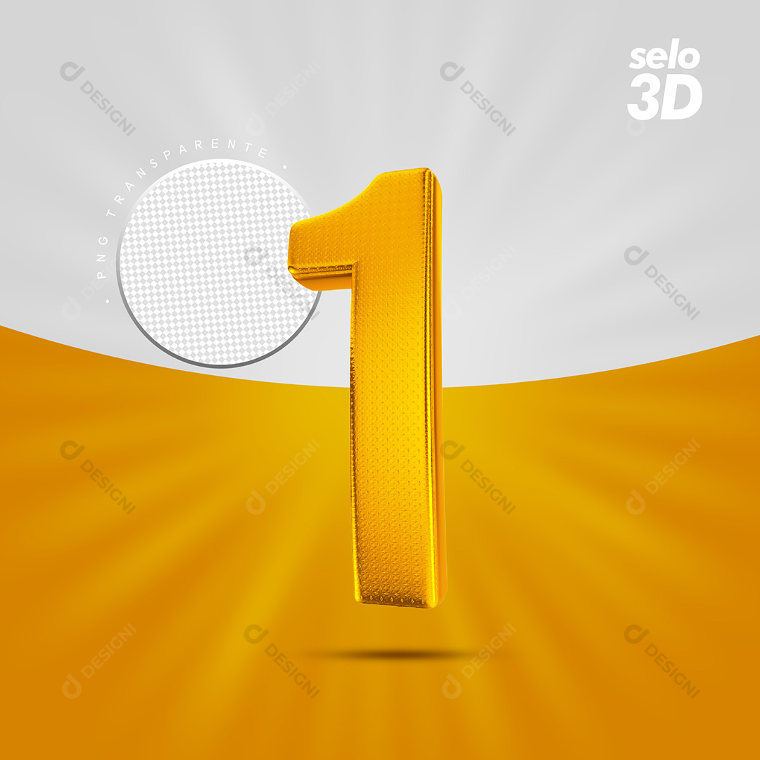 Número 1 Dourado Com Textura Selo Elemento 3D PSD