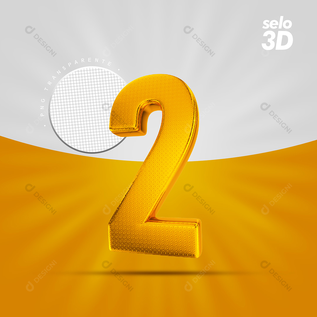 Número 2 Dourado Com Textura Selo Elemento 3D PSD