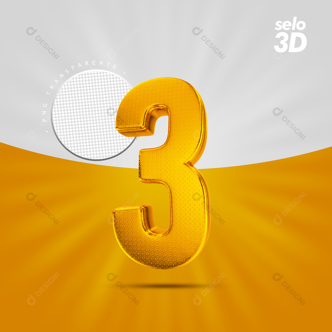 Número 3 Dourado Com Textura Selo Elemento 3D PSD