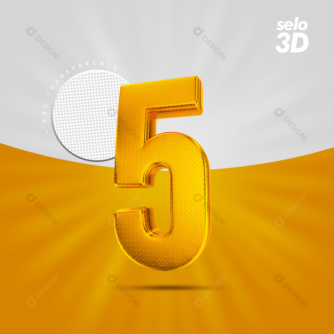 Número 5 Dourado Com Textura Selo Elemento 3D PSD
