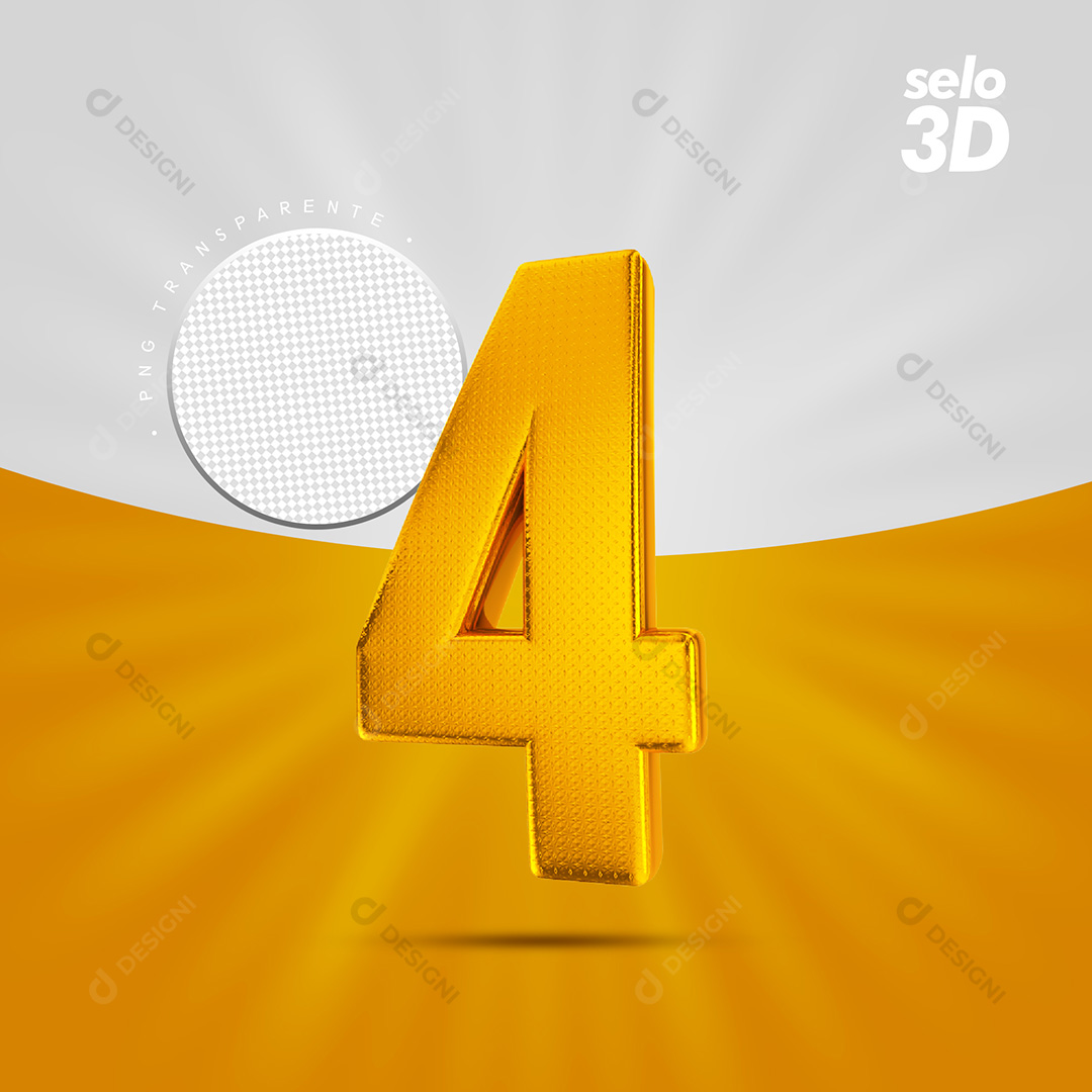 Número 4 Dourado Com Textura Selo Elemento 3D PSD