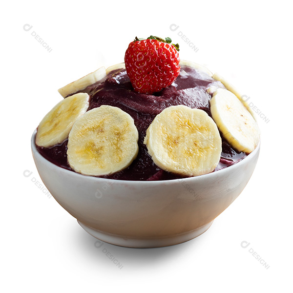 Tigela de Açaí Com Bananas e Um Morango Fundo Branco