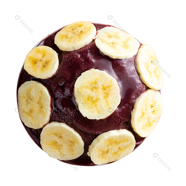 Tigela de Açaí Com Bananas Fundo Branco Visto de Cima