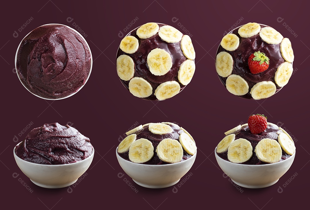 Conjunto de Tigelas de Açaí Fundo Roxo Visto Frontal e Vista de Cima