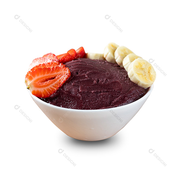 Tigela de Açaí com Bananas e Morangos Fundo Branco