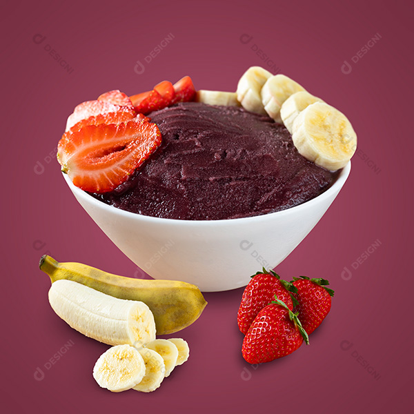 Tigela de Açaí com Bananas e Morangos Fundo Roxo
