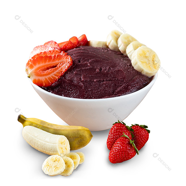 Tigela de Açaí com Bananas e Morangos Fundo Branco