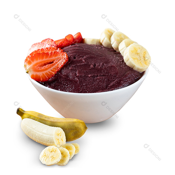 Tigela de Açaí com Bananas e Morangos Fundo Branco