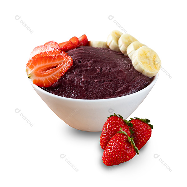 Tigela de Açaí com Bananas e Morangos Fundo Branco