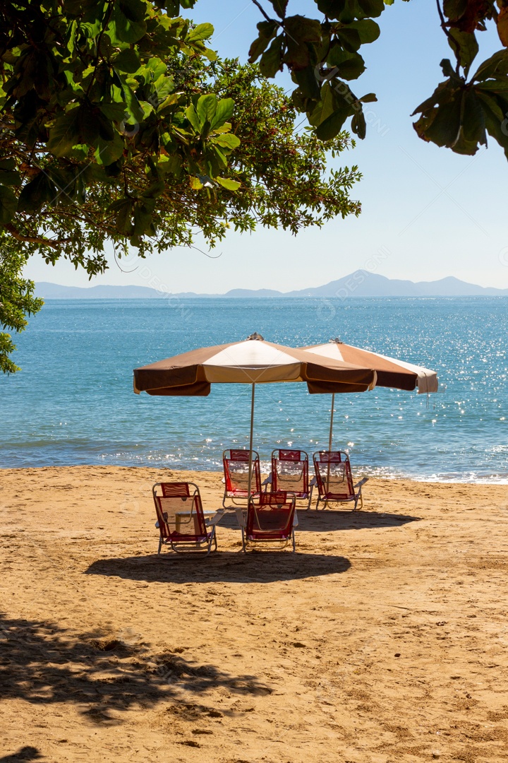 Cadeiras de Praia e Guarda-Chuva na Areia com Bela Vista.