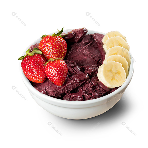 Tigela de Açaí com Bananas e Morangos Fundo Branco