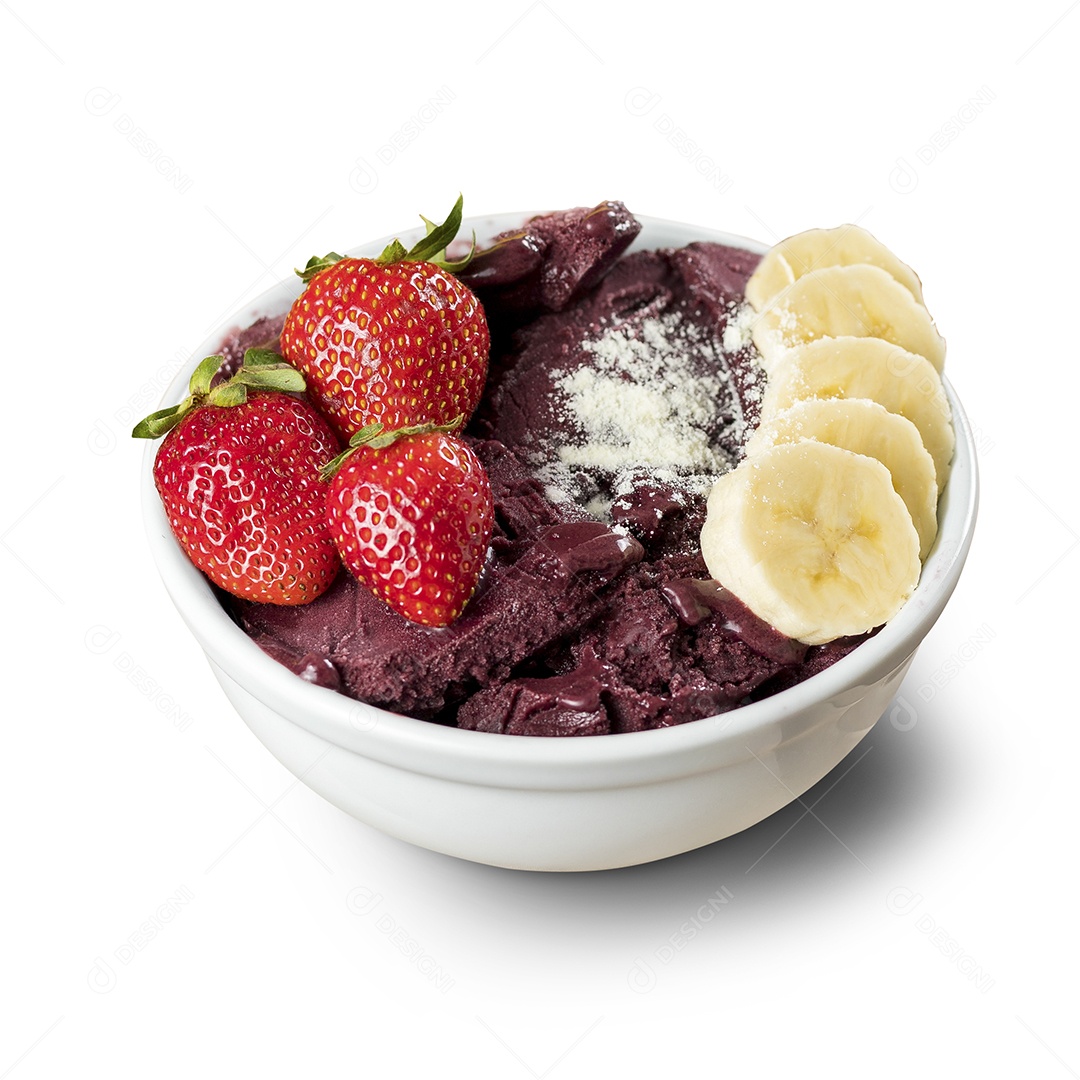 Tigela de Açaí com Bananas, Morangos, Leite em Pó Fundo Branco