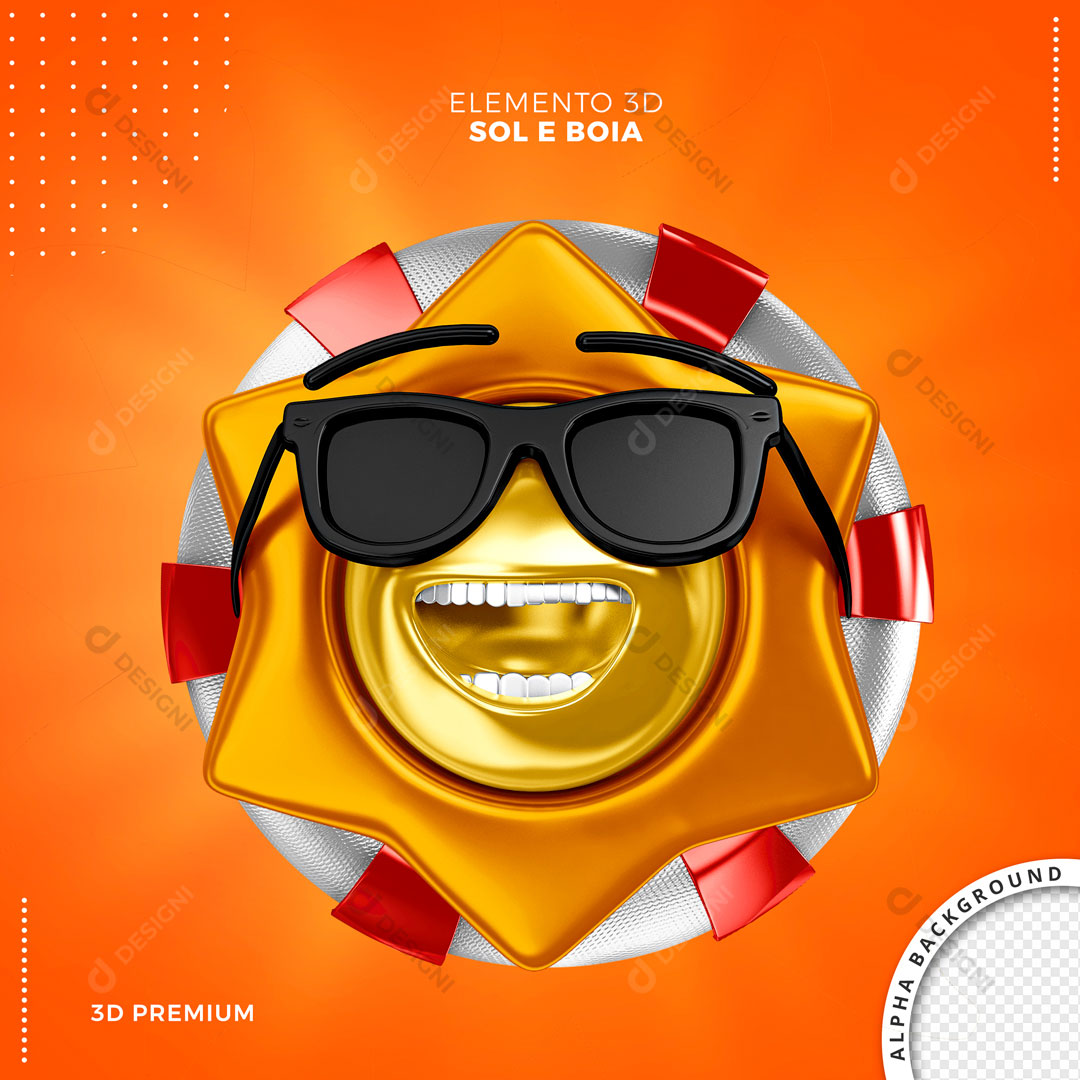 Elemento 3D Sol Sorrindo + Boia Composição PNG Transparemte