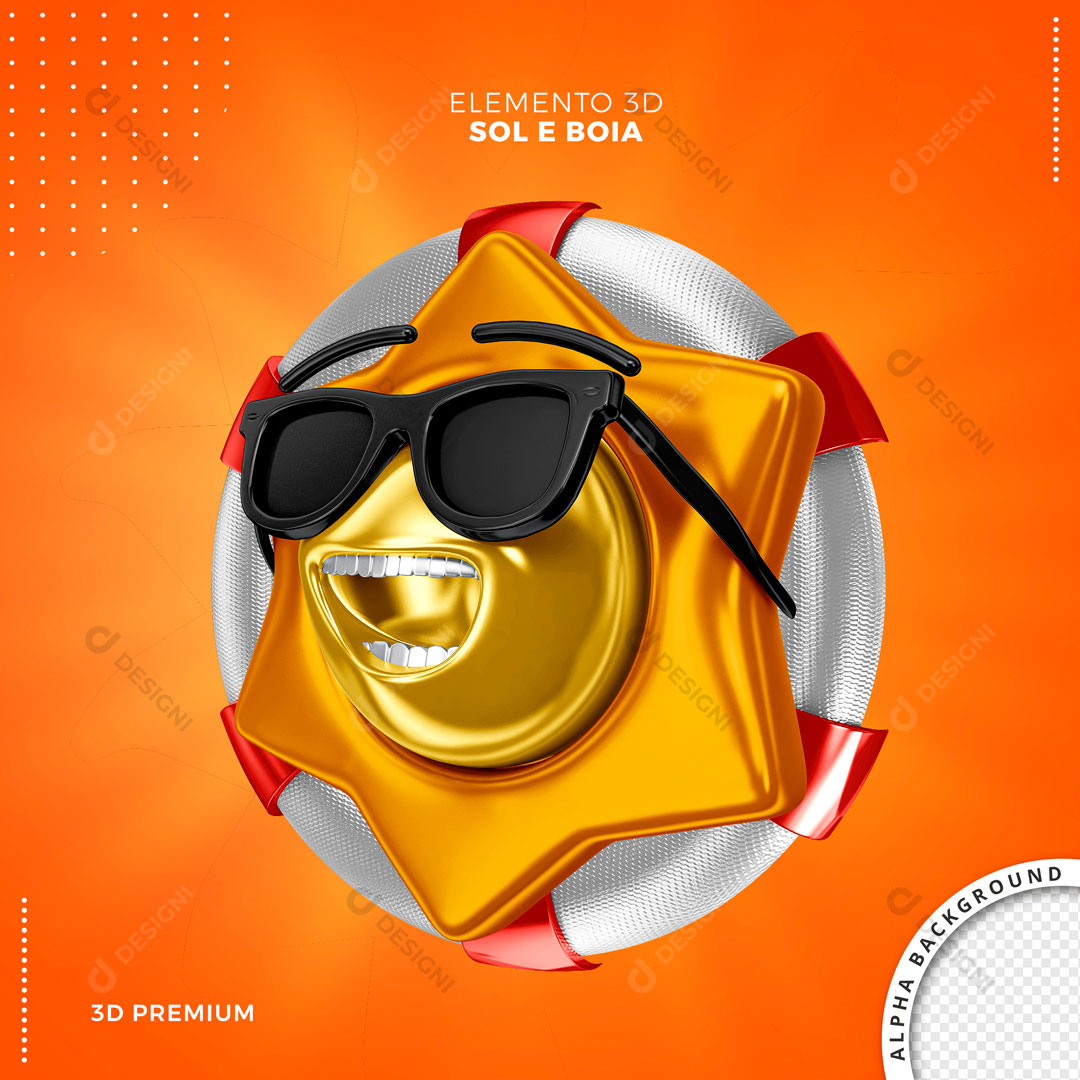 Elemento 3D Sol Sorrindo + Boia Composição PNG Transparemte