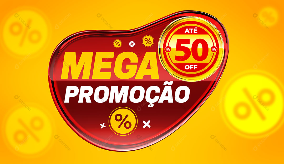 3D Acrilico Vermelho Mega Promocao 50% Off Selo 3D PSD Editável