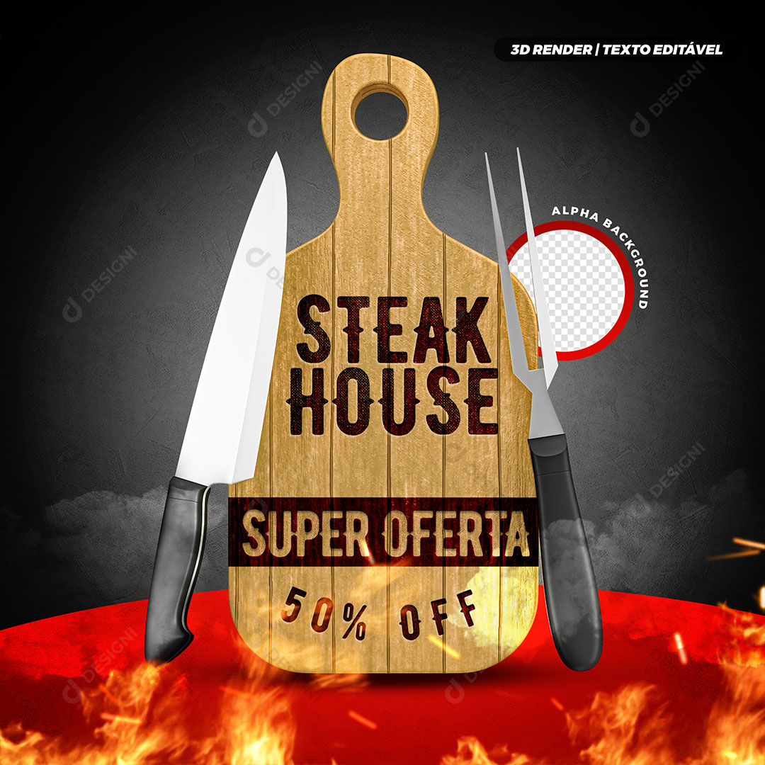 Steak House Churrascaria Super Oferta 50% Selo 3D Para Composição PSD Editável