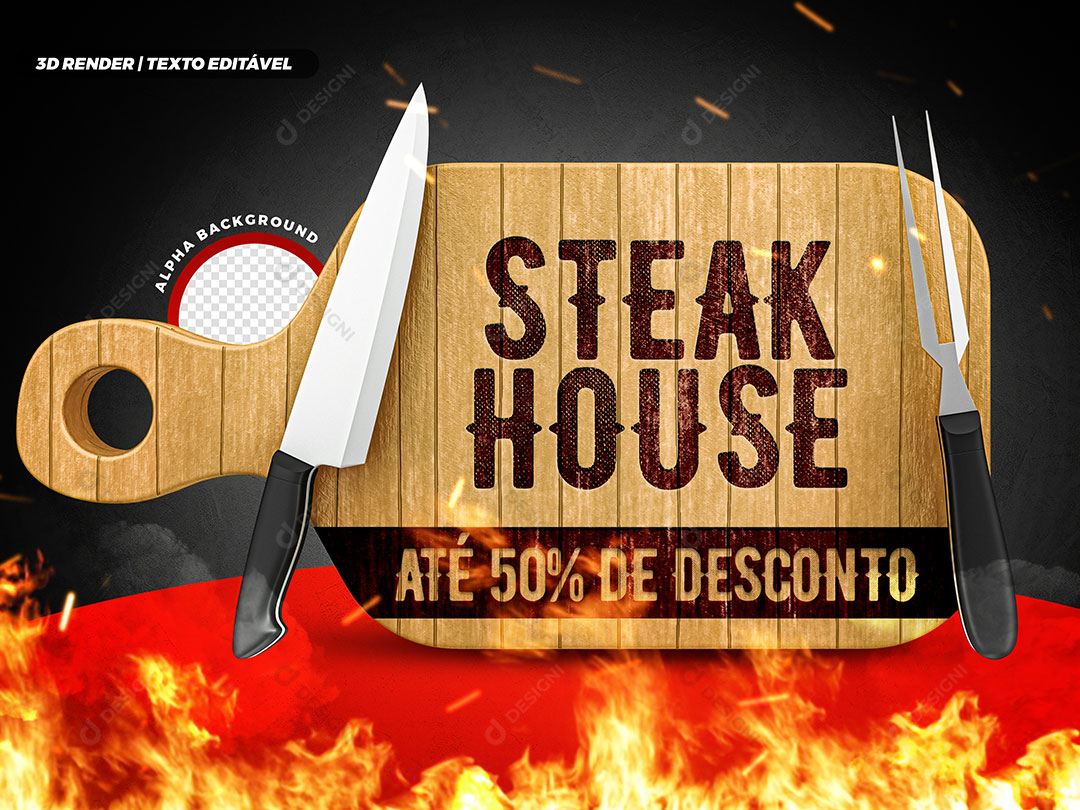 Steak House Churrascaria Super Oferta 50% Selo 3D Para Composição PSD Editável