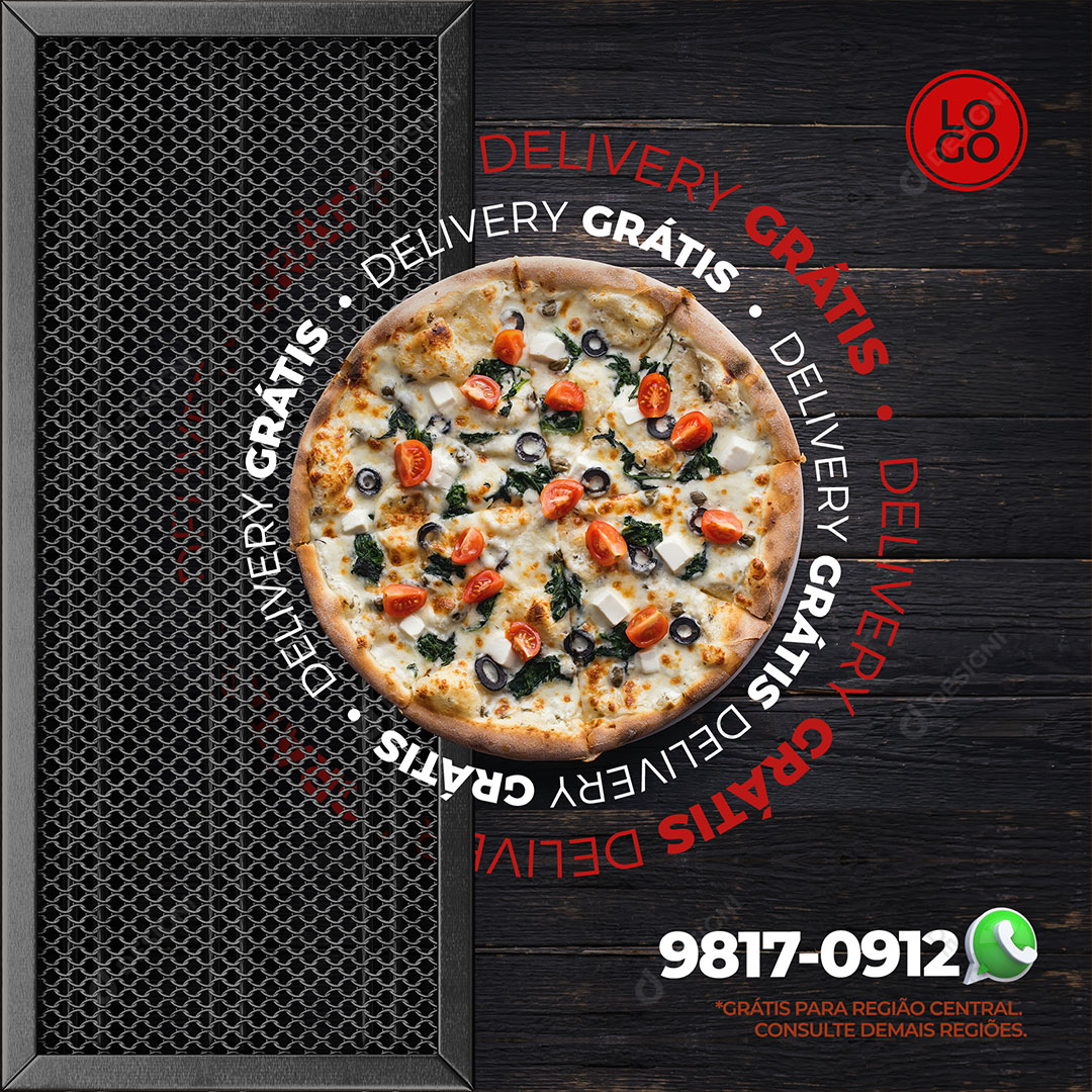 Pizzaria Delivery Grátis Pizza Whatsapp Grelha Social Media PSD Editável