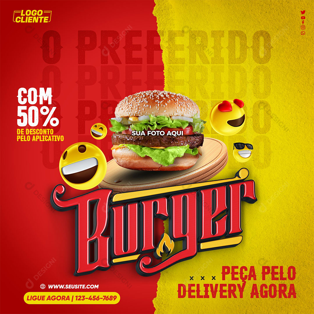 Social Media Feed Hambúrguer Com Ate 50% de Desconto Pelo Delivery PSD Editável