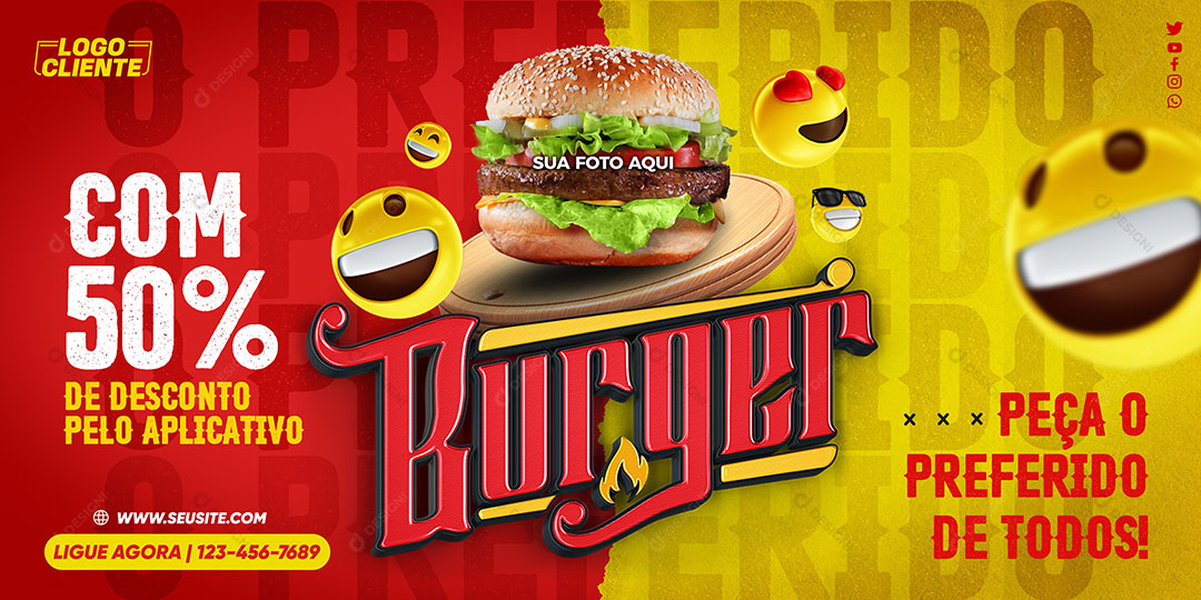 Banner Hambúrguer Com ate 50% de Desconto o Preferido de Todos Social Media PSD Editável