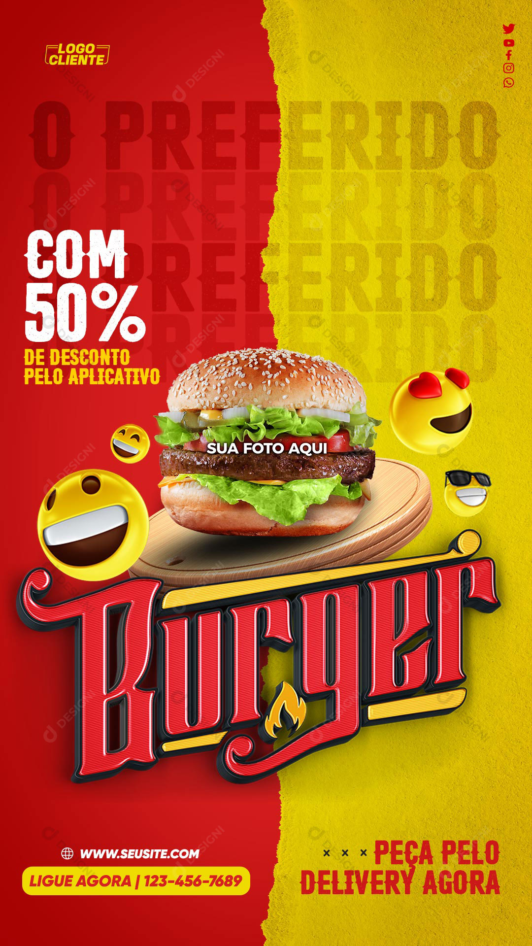 Stories Hambúrguer Com ate 50% de Desconto Pelo Delivery Social Media PSD Editável