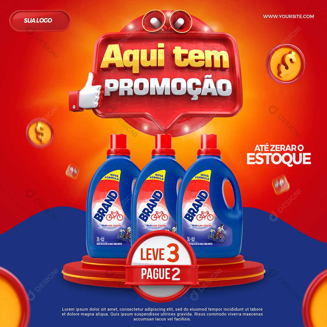 Aqui Tem Promoção Leve 3 Pague 2 Social Media Supermercado PSD Editável
