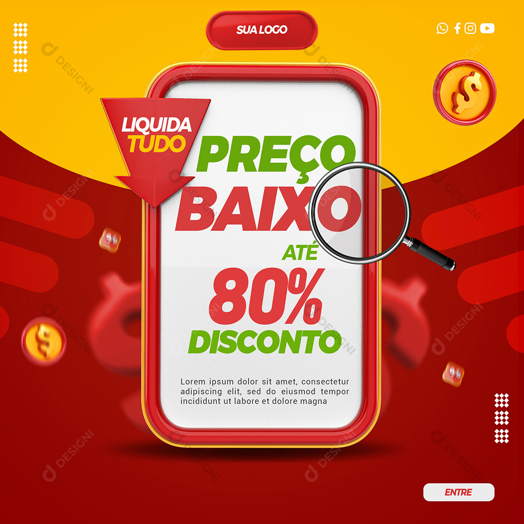 Liquida Tudo Preço Baixo Lojas Supermercados Social Media PSD Editável