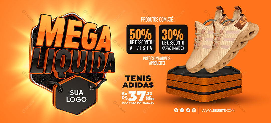 Banner Mega Liquida Descontos Promoção Tênis Social Media PSD Editável