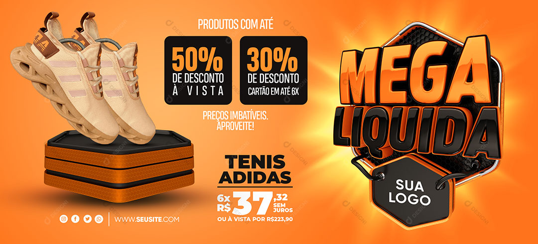Banner Mega Liquida Descontos Promoção Tênis Social Media PSD Editável