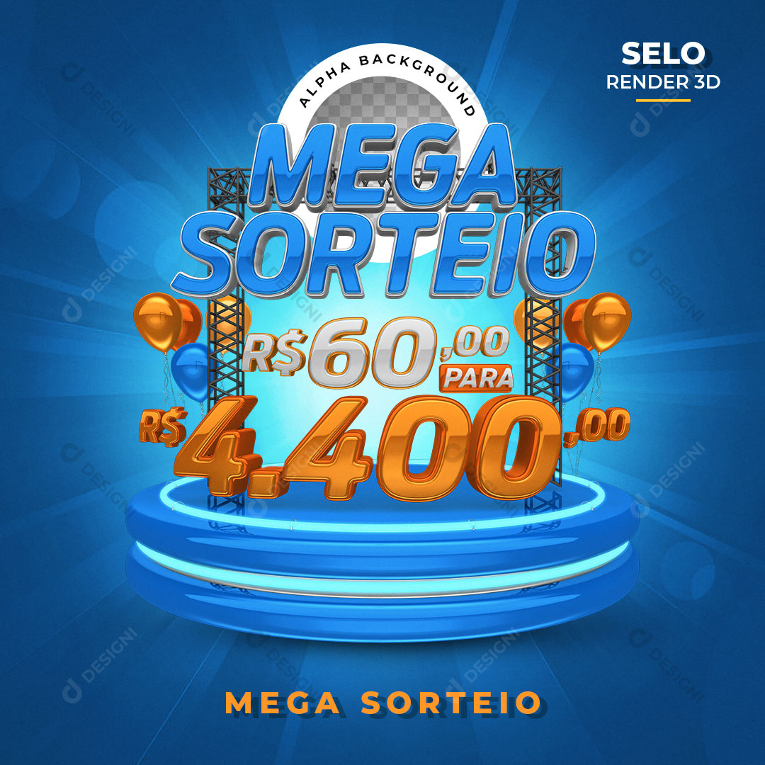 Mega Sorteio Valores Selo 3D + Pódio 3D Elemento Para Composição PNG Transparente