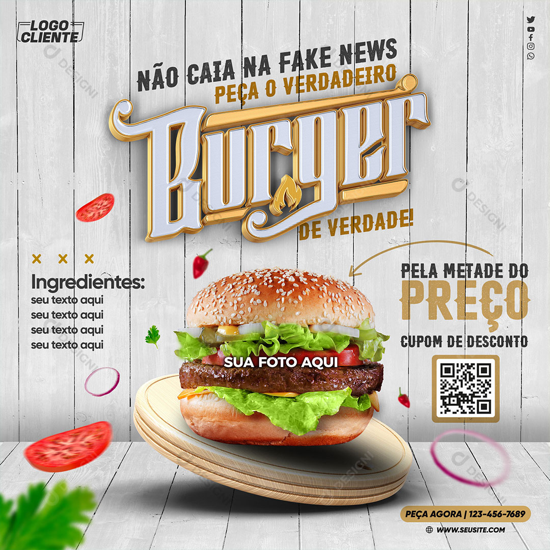 Feed Não Caia na Fake News Peça o Verdadeiro Burger Social Media PSD Editável