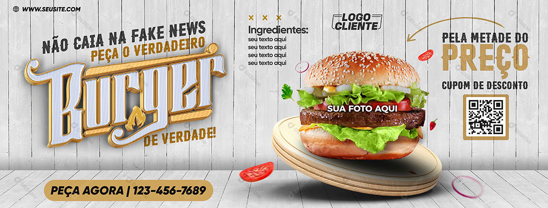 Banner Não Caia na Fake News Peça o Verdadeiro Burger Social Media PSD Editável