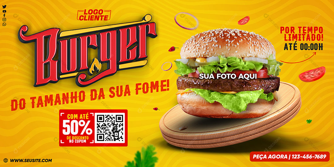 Banner Hamburgueria Burger do Tamanho da Sua Fome Social Media PSD Editável