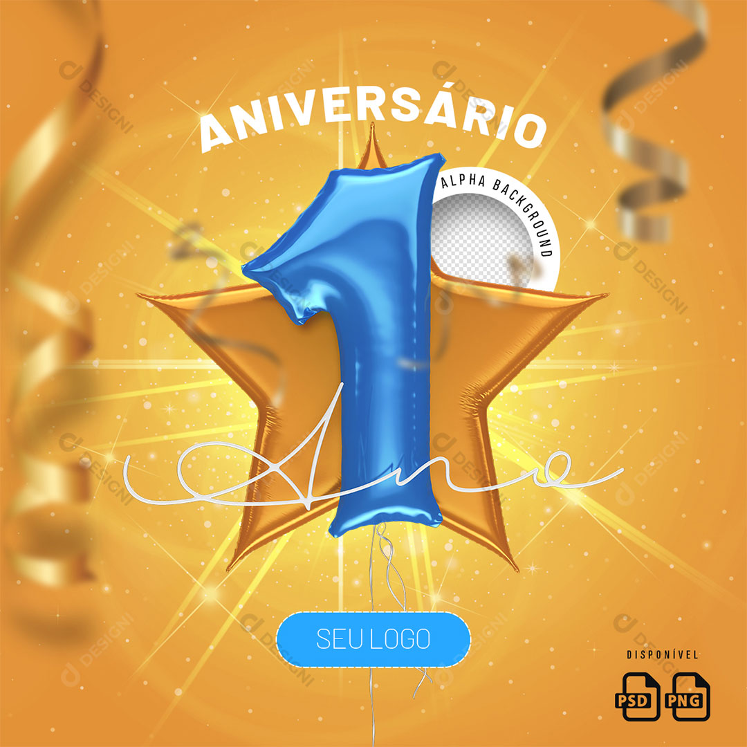 Número 1 Ano Aniversário Elemento 3D Para Composição PSD + PNG Transparente