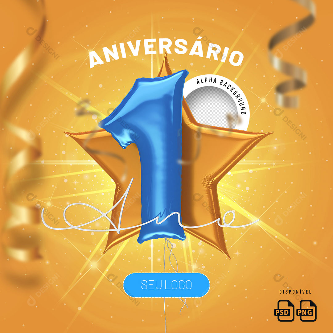 Número 1 Ano Aniversário Elemento 3D Para Composição PSD + PNG Transparente