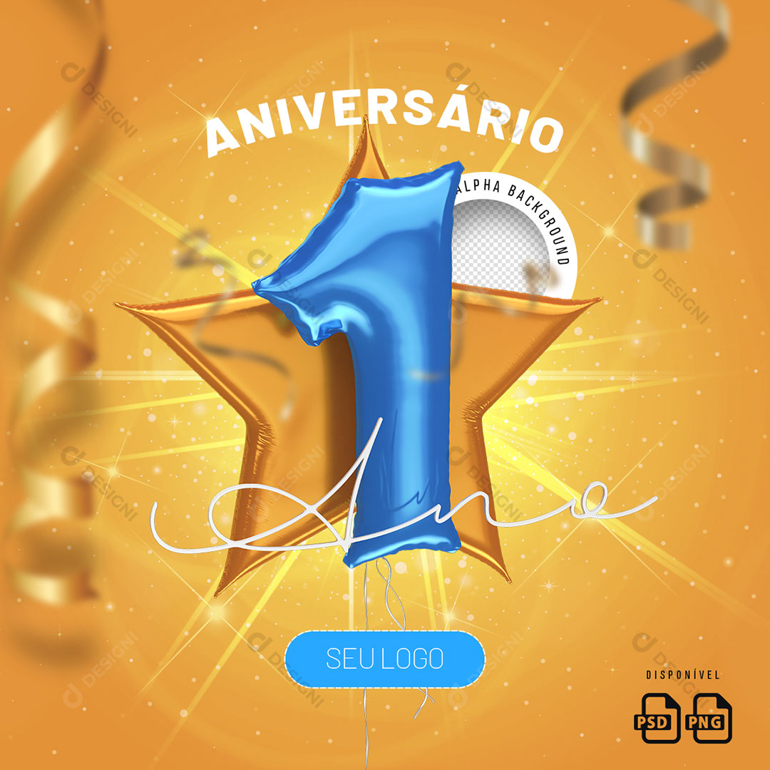 Número 1 Ano Aniversário Elemento 3D Para Composição PSD + PNG Transparente