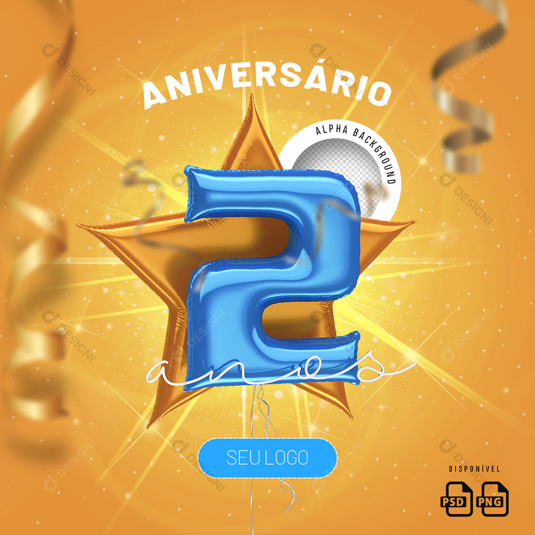 Número 2 Anos Aniverário Elemento 3D Para Composição PSD + PNG Transparente