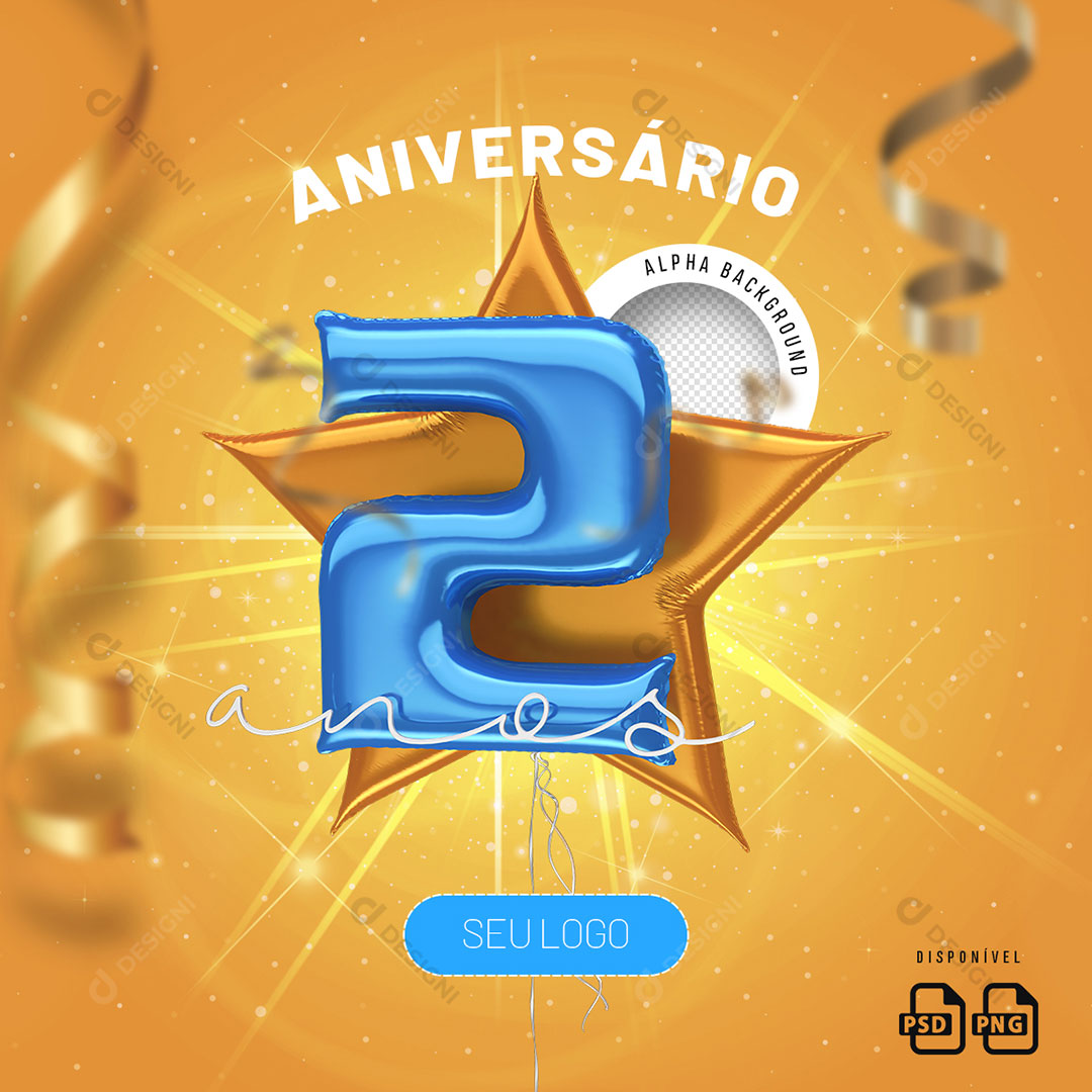 Número 2 Anos Aniverário Elemento 3D Para Composição PSD + PNG Transparente